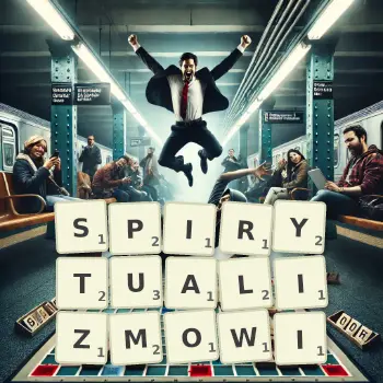 Kreatywna ilustracja do gry w Scrabble ze słowem SPIRYTUALIZMOWI ułożonym z płytek na planszy.