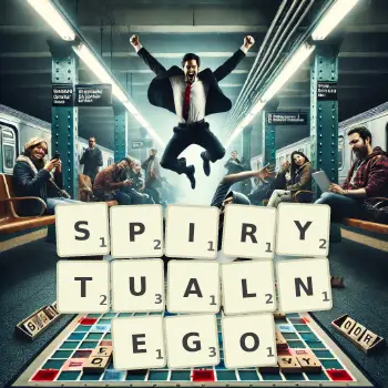 Kreatywna ilustracja do gry w Scrabble ze słowem SPIRYTUALNEGO ułożonym z płytek na planszy.