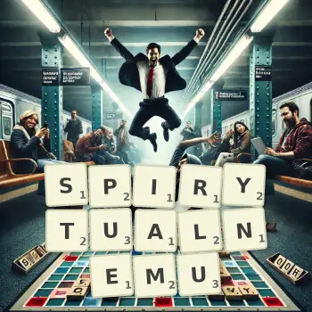 Kreatywna ilustracja do gry w Scrabble ze słowem SPIRYTUALNEMU ułożonym z płytek na planszy.