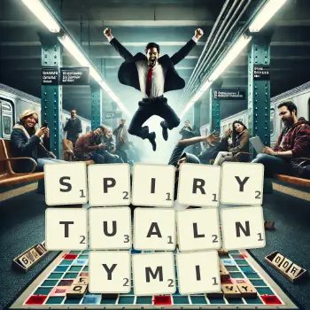 Kreatywna ilustracja do gry w Scrabble ze słowem SPIRYTUALNYMI ułożonym z płytek na planszy.