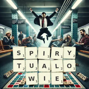 Kreatywna ilustracja do gry w Scrabble ze słowem SPIRYTUALOWIE ułożonym z płytek na planszy.