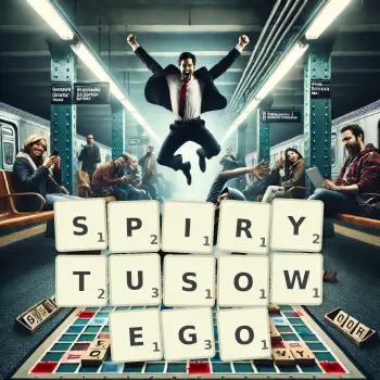 Kreatywna ilustracja do gry w Scrabble ze słowem SPIRYTUSOWEGO ułożonym z płytek na planszy.