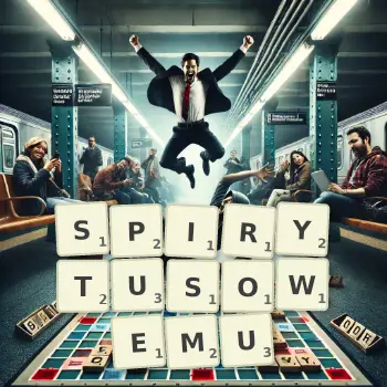 Kreatywna ilustracja do gry w Scrabble ze słowem SPIRYTUSOWEMU ułożonym z płytek na planszy.