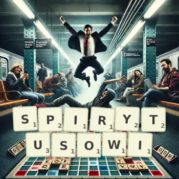 Kreatywna ilustracja do gry w Scrabble ze słowem SPIRYTUSOWI ułożonym z płytek na planszy.