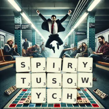 Kreatywna ilustracja do gry w Scrabble ze słowem SPIRYTUSOWYCH ułożonym z płytek na planszy.