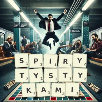 Kreatywna ilustracja do gry w Scrabble ze słowem SPIRYTYSTYKAMI ułożonym z płytek na planszy.