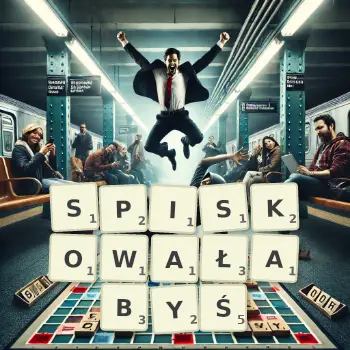 Kreatywna ilustracja do gry w Scrabble ze słowem SPISKOWAŁABYŚ ułożonym z płytek na planszy.