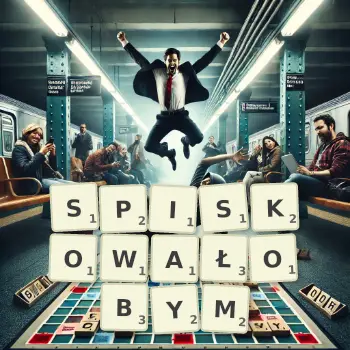 Kreatywna ilustracja do gry w Scrabble ze słowem SPISKOWAŁOBYM ułożonym z płytek na planszy.
