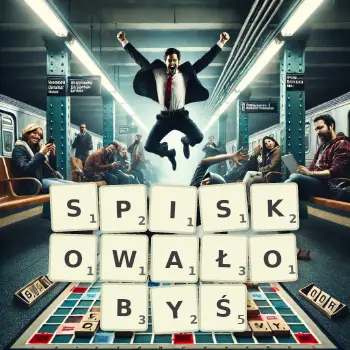 Kreatywna ilustracja do gry w Scrabble ze słowem SPISKOWAŁOBYŚ ułożonym z płytek na planszy.