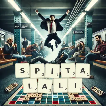 Kreatywna ilustracja do gry w Scrabble ze słowem SPITALALI ułożonym z płytek na planszy.