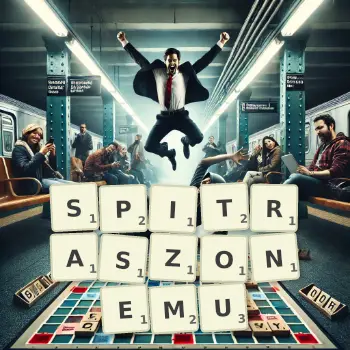 Kreatywna ilustracja do gry w Scrabble ze słowem SPITRASZONEMU ułożonym z płytek na planszy.