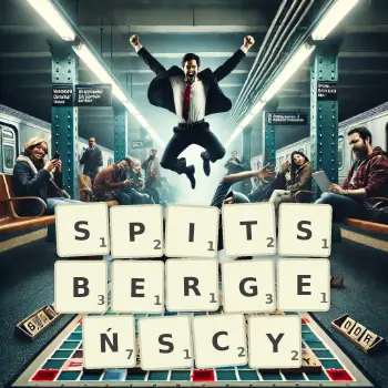 Kreatywna ilustracja do gry w Scrabble ze słowem SPITSBERGEŃSCY ułożonym z płytek na planszy.