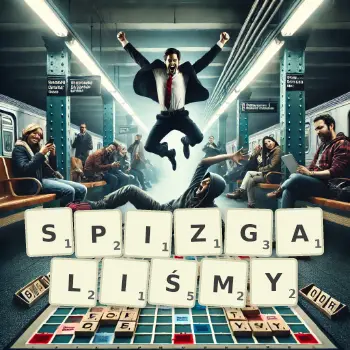 Kreatywna ilustracja do gry w Scrabble ze słowem SPIZGALIŚMY ułożonym z płytek na planszy.