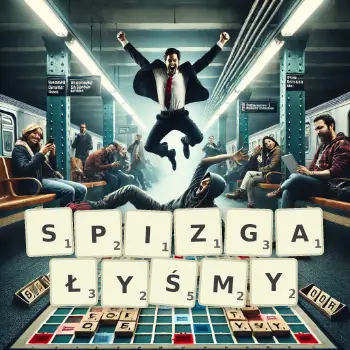 Kreatywna ilustracja do gry w Scrabble ze słowem SPIZGAŁYŚMY ułożonym z płytek na planszy.