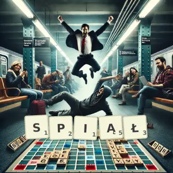 Kreatywna ilustracja do gry w Scrabble ze słowem SPIĄŁ ułożonym z płytek na planszy.