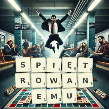 Kreatywna ilustracja do gry w Scrabble ze słowem SPIĘTROWANEMU ułożonym z płytek na planszy.