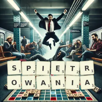 Kreatywna ilustracja do gry w Scrabble ze słowem SPIĘTROWANIA ułożonym z płytek na planszy.