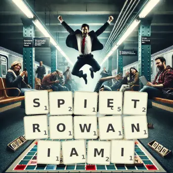 Kreatywna ilustracja do gry w Scrabble ze słowem SPIĘTROWANIAMI ułożonym z płytek na planszy.