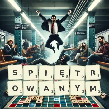 Kreatywna ilustracja do gry w Scrabble ze słowem SPIĘTROWANYM ułożonym z płytek na planszy.