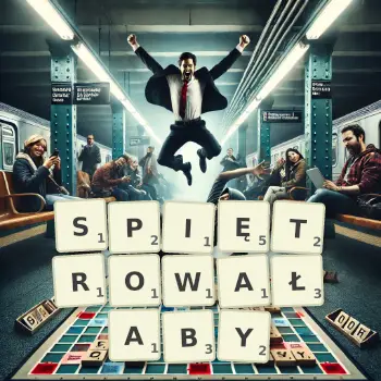 Kreatywna ilustracja do gry w Scrabble ze słowem SPIĘTROWAŁABY ułożonym z płytek na planszy.