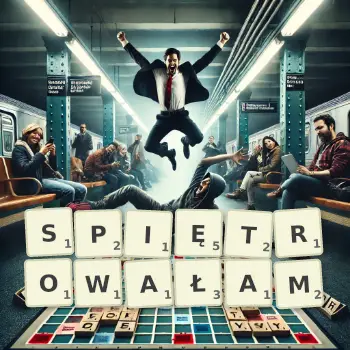 Kreatywna ilustracja do gry w Scrabble ze słowem SPIĘTROWAŁAM ułożonym z płytek na planszy.