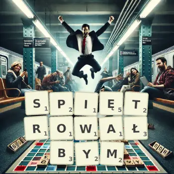 Kreatywna ilustracja do gry w Scrabble ze słowem SPIĘTROWAŁBYM ułożonym z płytek na planszy.
