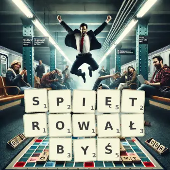 Kreatywna ilustracja do gry w Scrabble ze słowem SPIĘTROWAŁBYŚ ułożonym z płytek na planszy.