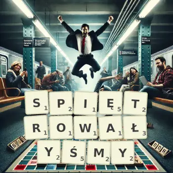 Kreatywna ilustracja do gry w Scrabble ze słowem SPIĘTROWAŁYŚMY ułożonym z płytek na planszy.