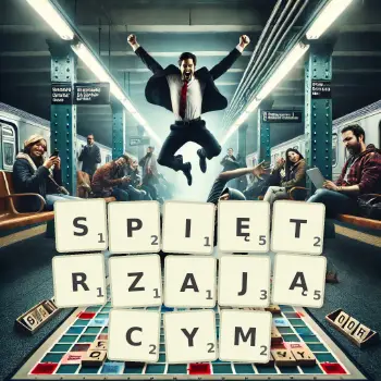 Kreatywna ilustracja do gry w Scrabble ze słowem SPIĘTRZAJĄCYM ułożonym z płytek na planszy.