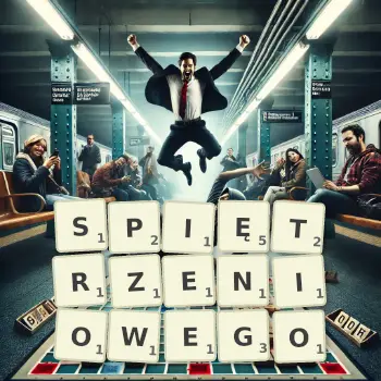 Kreatywna ilustracja do gry w Scrabble ze słowem SPIĘTRZENIOWEGO ułożonym z płytek na planszy.