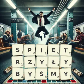 Kreatywna ilustracja do gry w Scrabble ze słowem SPIĘTRZYŁYBYŚMY ułożonym z płytek na planszy.