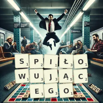 Kreatywna ilustracja do gry w Scrabble ze słowem SPIŁOWUJĄCEGO ułożonym z płytek na planszy.