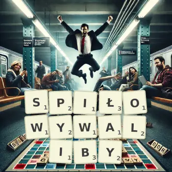 Kreatywna ilustracja do gry w Scrabble ze słowem SPIŁOWYWALIBY ułożonym z płytek na planszy.
