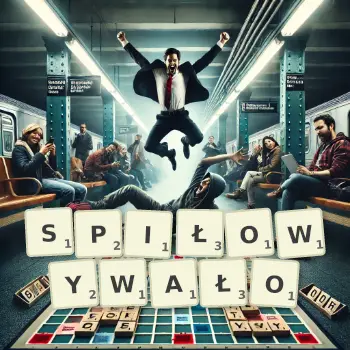Kreatywna ilustracja do gry w Scrabble ze słowem SPIŁOWYWAŁO ułożonym z płytek na planszy.