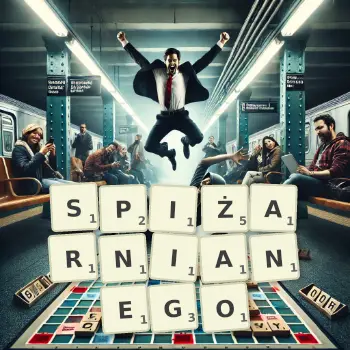 Kreatywna ilustracja do gry w Scrabble ze słowem SPIŻARNIANEGO ułożonym z płytek na planszy.