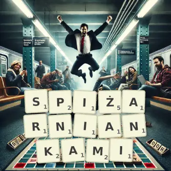 Kreatywna ilustracja do gry w Scrabble ze słowem SPIŻARNIANKAMI ułożonym z płytek na planszy.