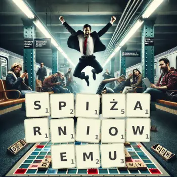 Kreatywna ilustracja do gry w Scrabble ze słowem SPIŻARNIOWEMU ułożonym z płytek na planszy.