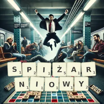 Kreatywna ilustracja do gry w Scrabble ze słowem SPIŻARNIOWY ułożonym z płytek na planszy.