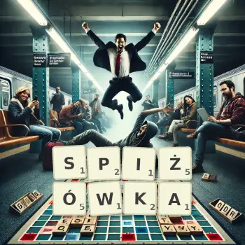 Kreatywna ilustracja do gry w Scrabble ze słowem SPIŻÓWKA ułożonym z płytek na planszy.