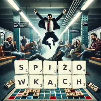 Kreatywna ilustracja do gry w Scrabble ze słowem SPIŻÓWKACH ułożonym z płytek na planszy.