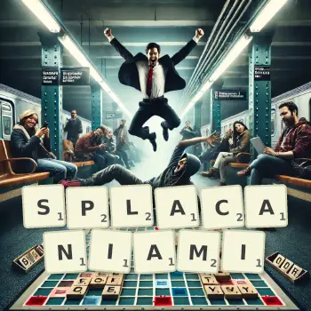Kreatywna ilustracja do gry w Scrabble ze słowem SPLACANIAMI ułożonym z płytek na planszy.