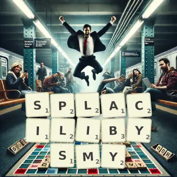 Kreatywna ilustracja do gry w Scrabble ze słowem SPLACILIBYSMY ułożonym z płytek na planszy.