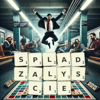 Kreatywna ilustracja do gry w Scrabble ze słowem SPLADZALYSCIE ułożonym z płytek na planszy.