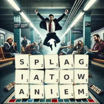 Kreatywna ilustracja do gry w Scrabble ze słowem SPLAGIATOWANIEM ułożonym z płytek na planszy.