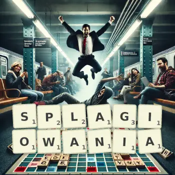 Kreatywna ilustracja do gry w Scrabble ze słowem SPLAGIOWANIA ułożonym z płytek na planszy.
