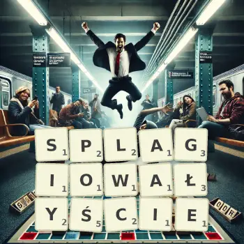 Kreatywna ilustracja do gry w Scrabble ze słowem SPLAGIOWAŁYŚCIE ułożonym z płytek na planszy.