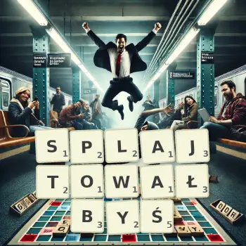 Kreatywna ilustracja do gry w Scrabble ze słowem SPLAJTOWAŁBYŚ ułożonym z płytek na planszy.