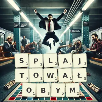 Kreatywna ilustracja do gry w Scrabble ze słowem SPLAJTOWAŁOBYM ułożonym z płytek na planszy.