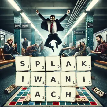 Kreatywna ilustracja do gry w Scrabble ze słowem SPLAKIWANIACH ułożonym z płytek na planszy.