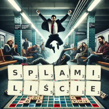 Kreatywna ilustracja do gry w Scrabble ze słowem SPLAMILIŚCIE ułożonym z płytek na planszy.